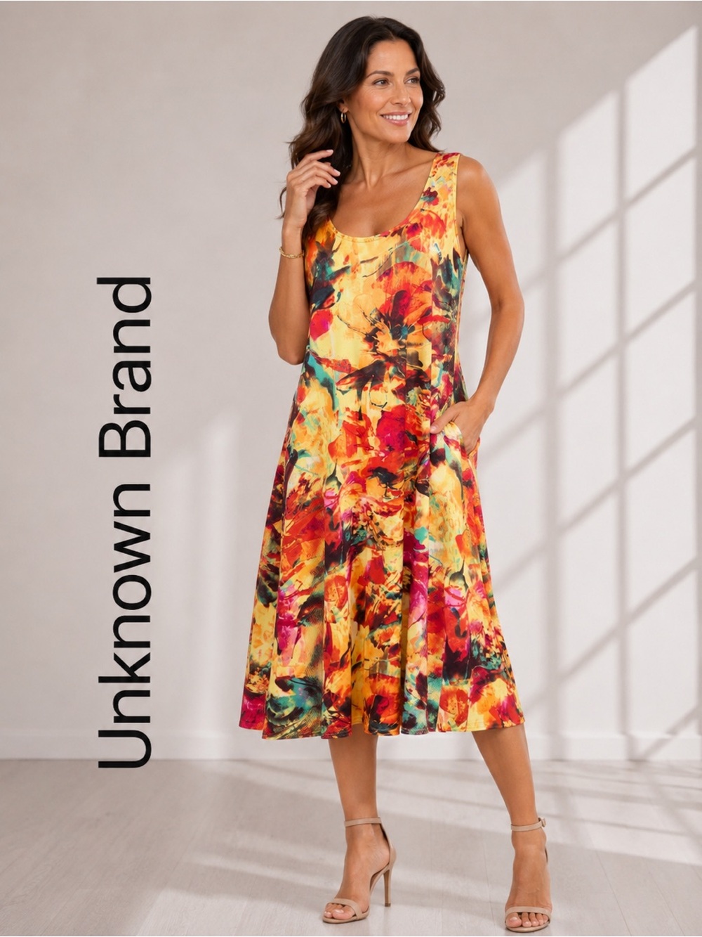 •Unknown Brand Abstract Floral Swing Dress Multicolor Sleeveless Women’s | Large